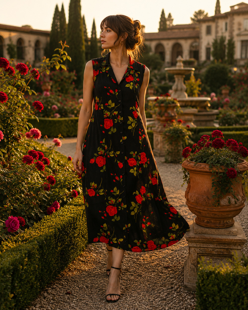 Vtg Studio One Plus Sz 18W Black Red Rose Print Button Front Midi Dress 90s